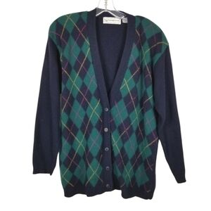 Evan Picone Womens Argyle Lambs Wool Angora Cardigan Sweater Medium Blue Green